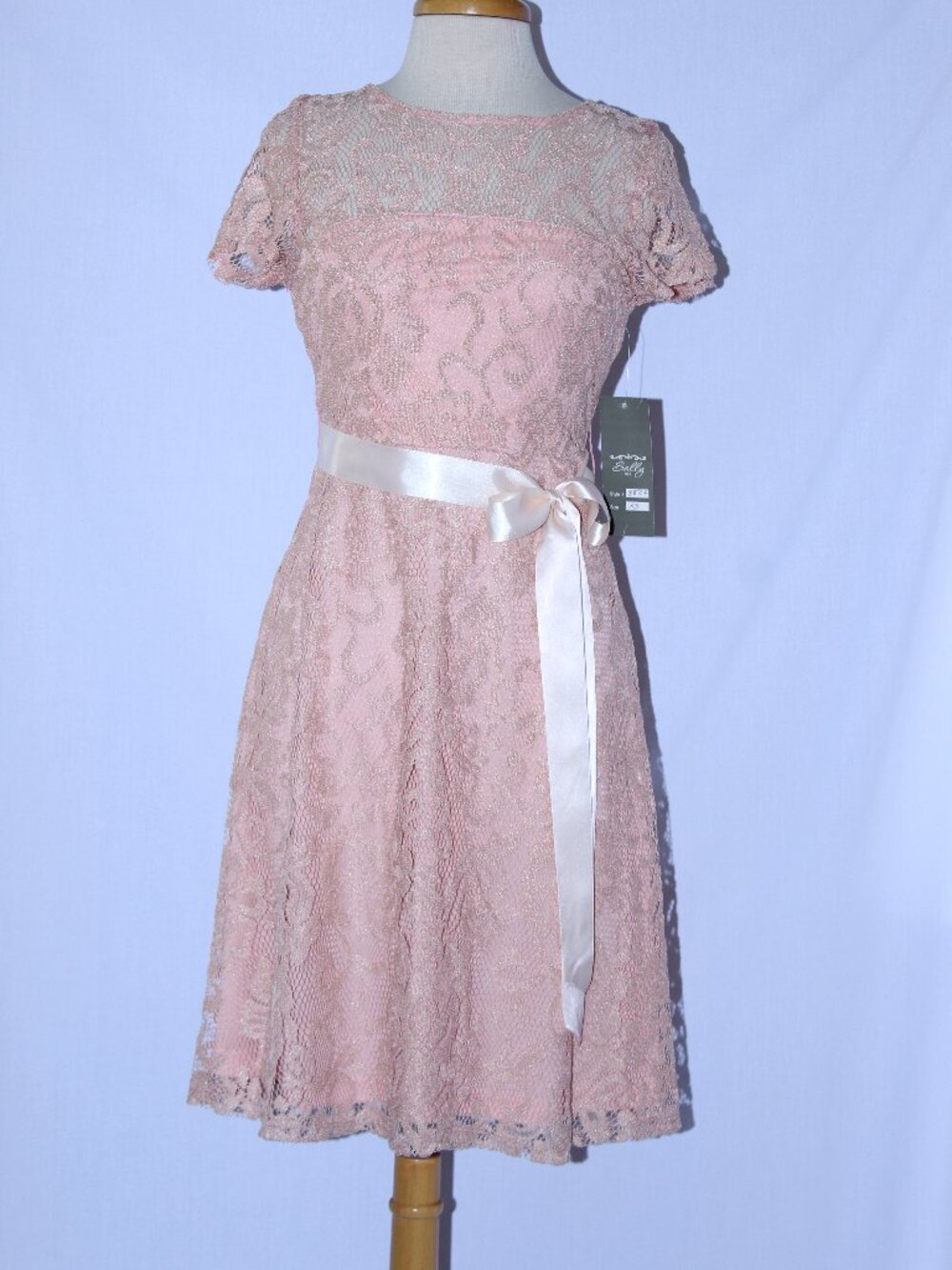 Sally #8826 Short Lace Formal Dress With Sash- Size XS- PEACH-NEW